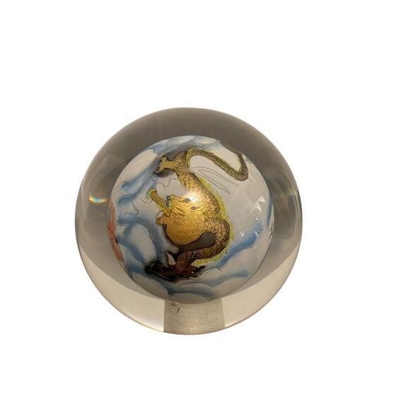 Chinese Reverse Hand Painted Dragon Paperweight 2.5" Blue Gold - Picture 2 of 5